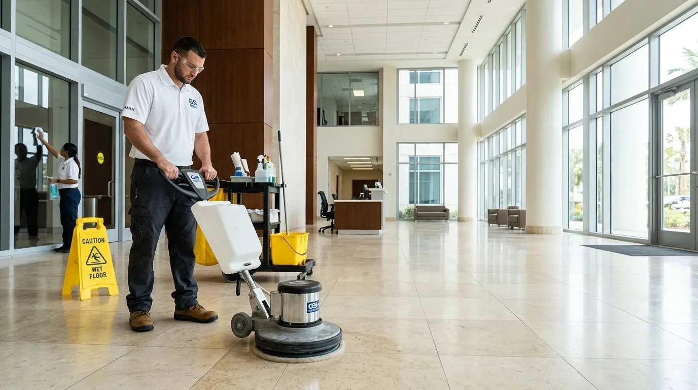 GS Max technician machine-scrubbing the stone floor of an office lobby