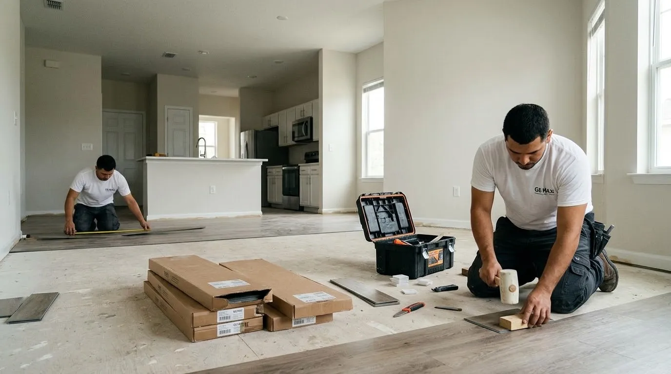 GS Max installers fitting luxury vinyl plank flooring in a rental unit