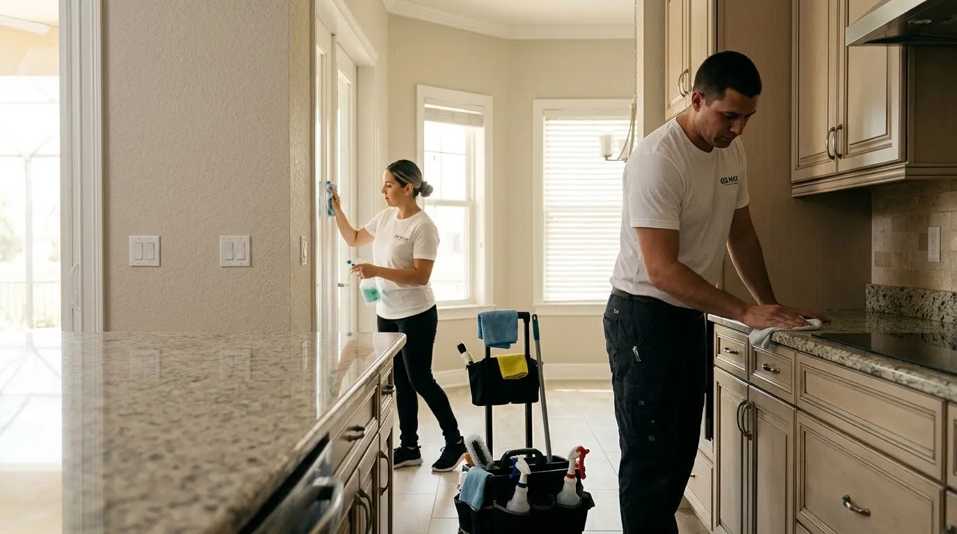 GS Max cleaners wiping kitchen counters and windows in a Florida home