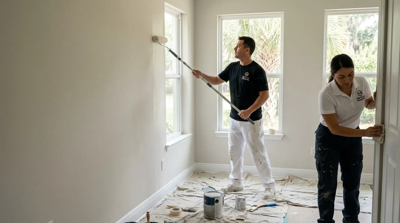 GS Max painters rolling fresh paint on interior walls