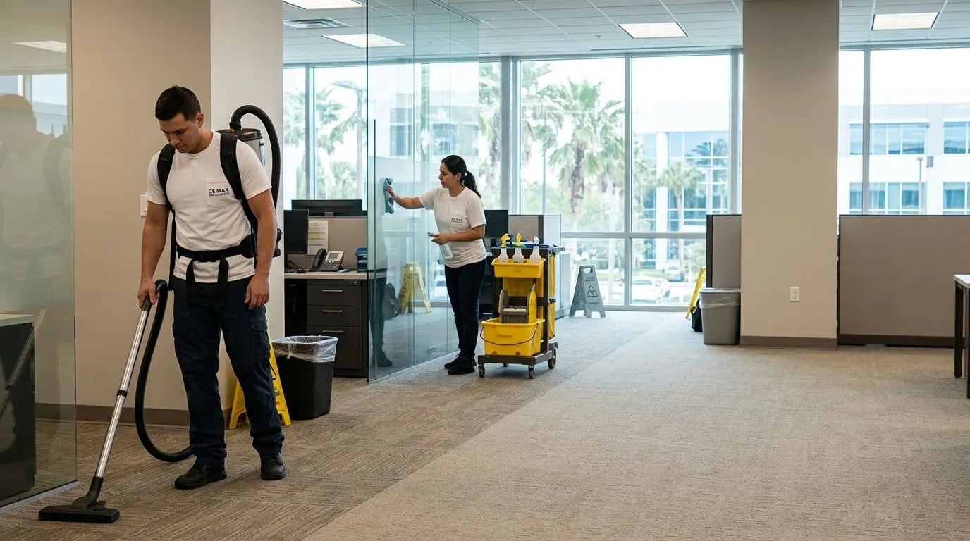 GS Max janitorial team vacuuming and disinfecting an open office