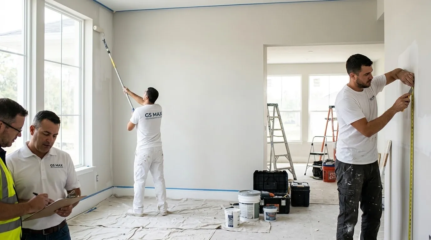 GS Max crew measuring and painting walls during a unit turnover