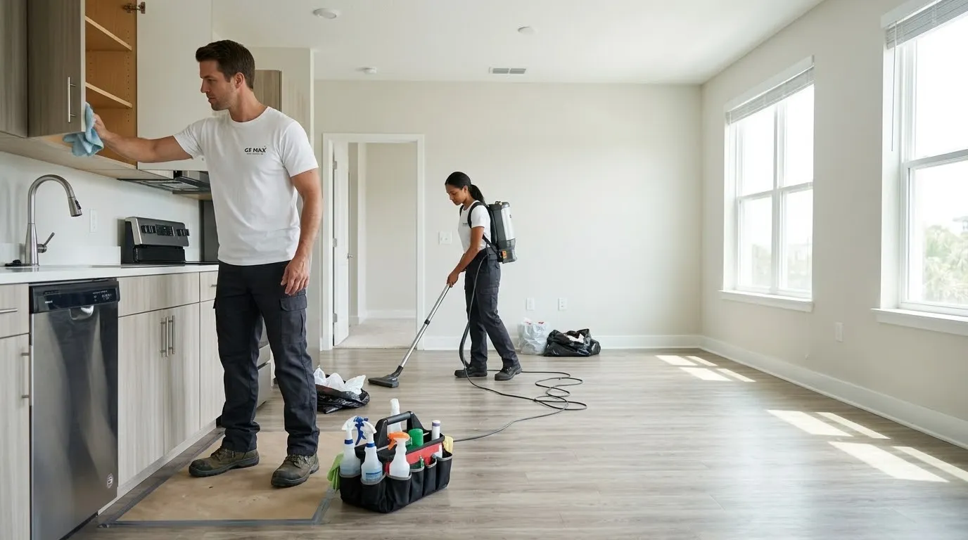 GS Max team cleaning kitchen and vacuuming floors in an empty rental unit